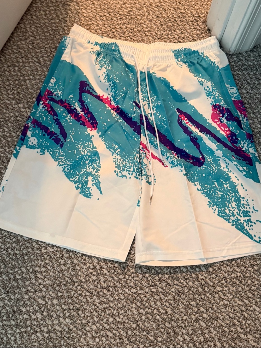 Men's White Swim Trunks with Teal & Purple Wave Print Large never worn
